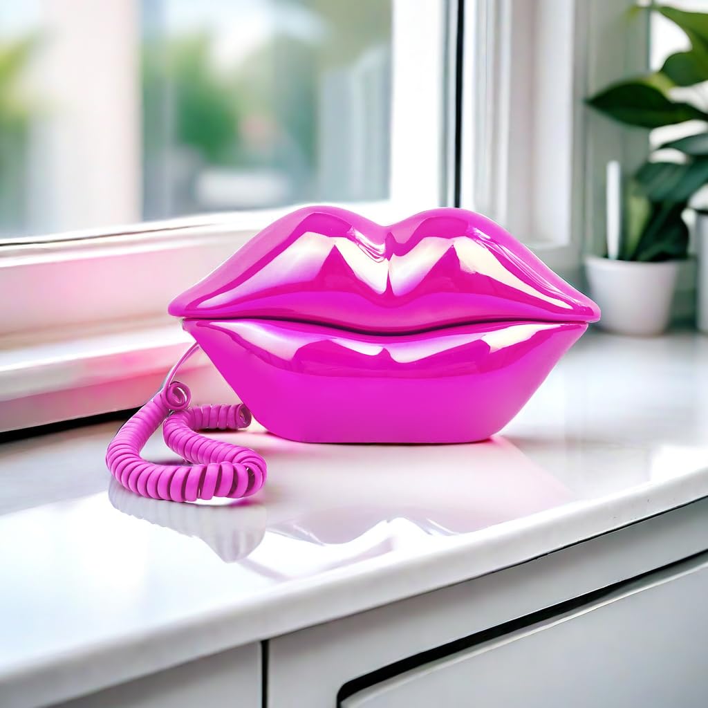 TelPal - Teléfonos fijos con cable para el hogar, divertido regalo de teléfono labial, con boca, con cable, teléfono fijo real, hogar, oficina, teléfono, decoración de muebles (rosa)