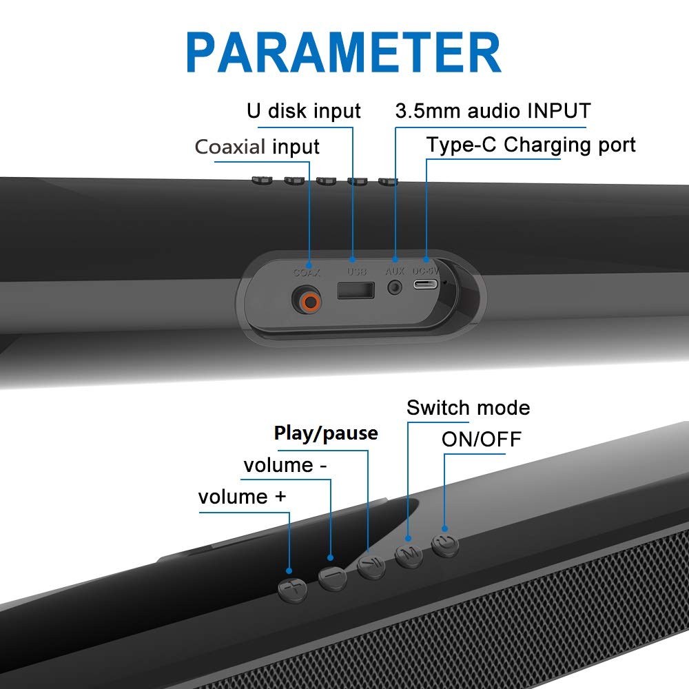 Barra de sonido portátil para TV/PC, 105dB Bluetooth 5.0 barra de sonido inalámbrica y con cable con batería de 2200 mAh, sonido envolvente 3D de cine en casa, subwoofer integrado con control remoto