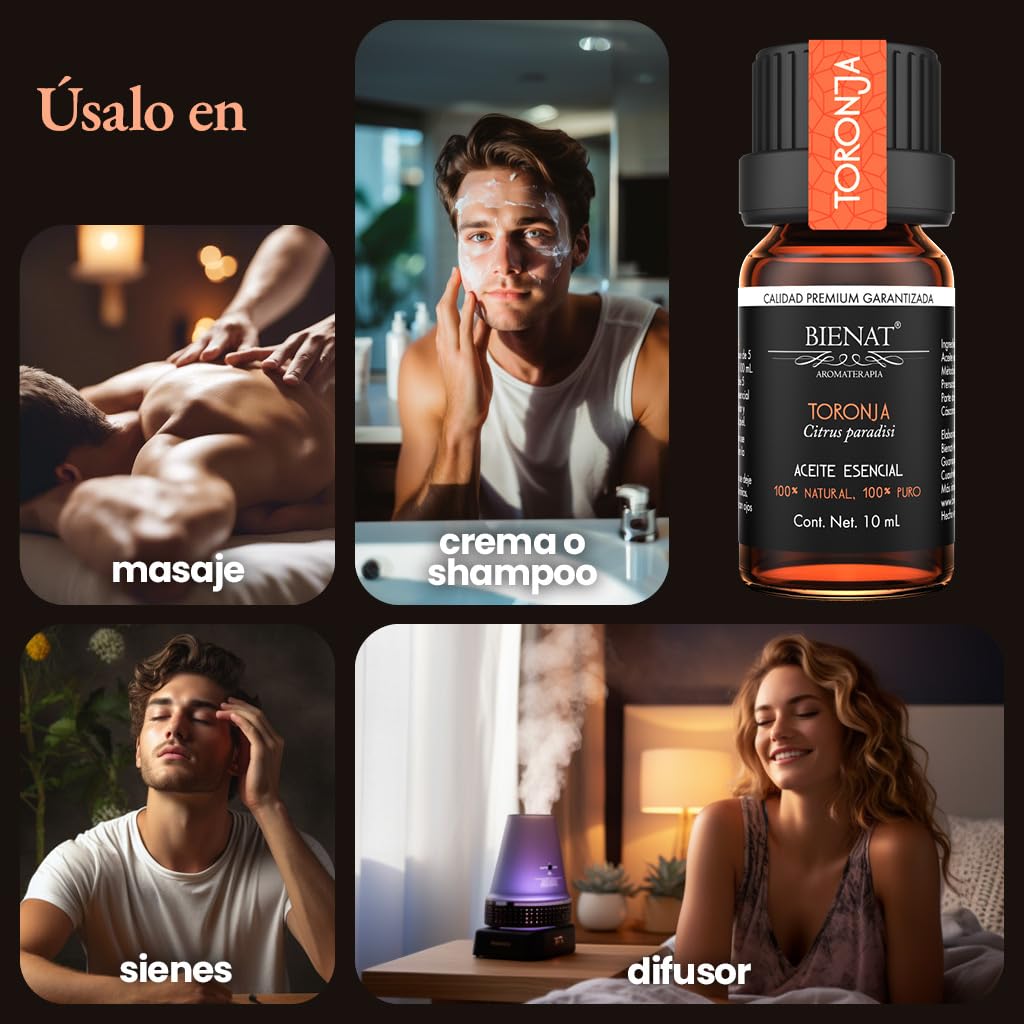 BIENAT AROMATERAPIA Aceite Esencial de Toronja 10mL | 100% Puro y Concentrado | Ideal para Difusor de Aromas, Humidificador, Aromaterapia, Masajes, Meditación, Jabones y Velas | Esencia Natural en Gotas