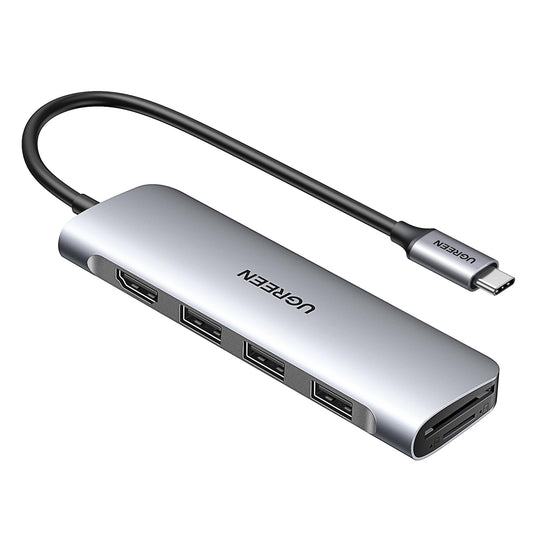 Adaptador USB C UGREEN HDMI 4K Plata con Lector de Tarjeta y 3 USB 3.0