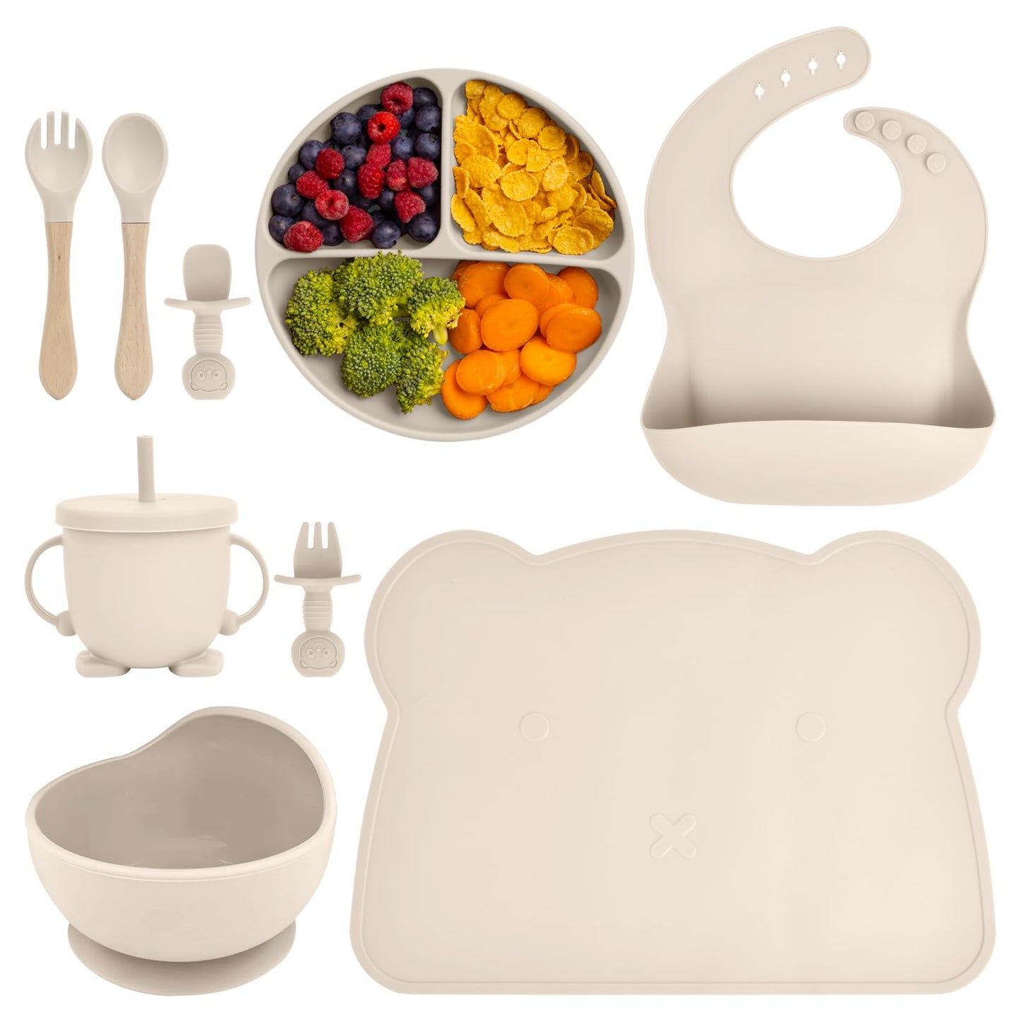 KAREN Platos para bebe silicon,9 Pcs Vajilla para niños de Silicona de Grado Alimenticio, Sin BPA,con pajitas, Cubierta de merienda,Cucharas y tenedores,baberos,Fácil de limpiar (Blanco)