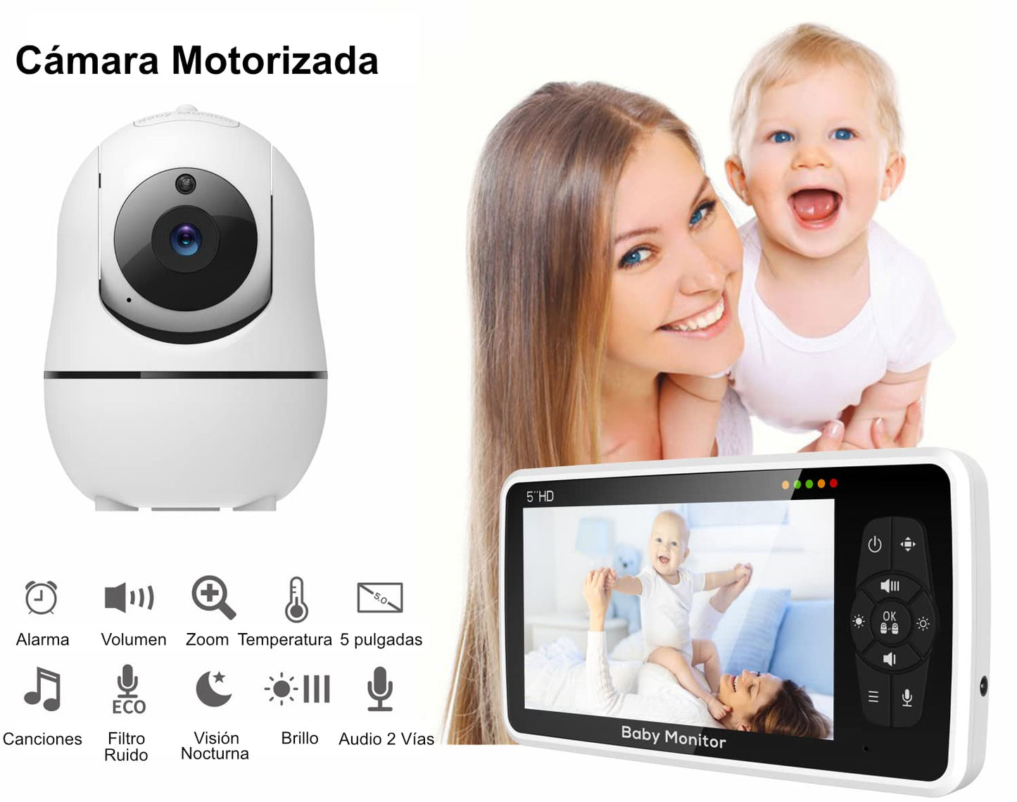 Monitor para Bebé ZINKER Blanco Cámara Robótica Full HD 1080p Visión Nocturna y Vigilancia de Temperatura