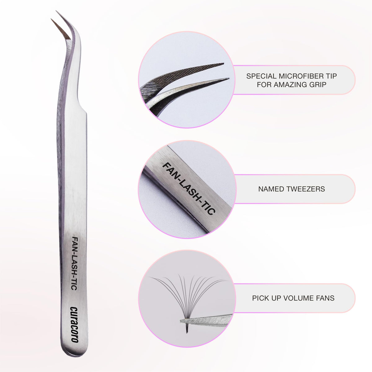 Curacoro Pinza de pestañas – Pinzas profesionales y de precisión para extensiones de pestañas, multiformas y propósitos, pinzas para volumen, aislamiento y pestañas clásicas (plata, fan-lash-tic)