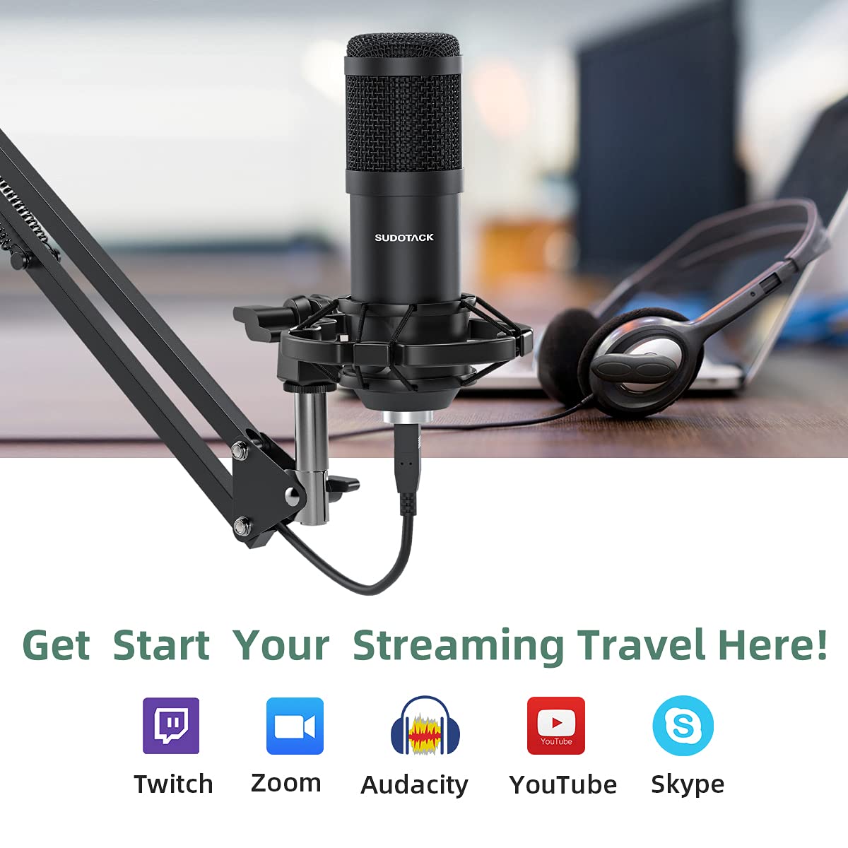 Micrófono USB Sudotack Negro Kit Condensador Cardioide con Tarjeta de Sonido y Brazo de Pluma para Podcast