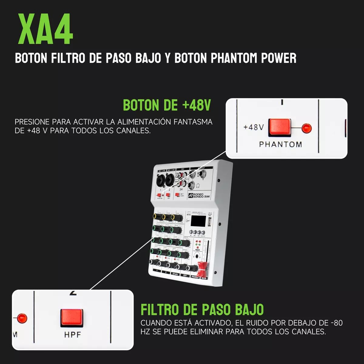 Mezcladora de Audio Profesional RodeoSonido XA4 Negra 4 Canales con Bluetooth y USB para DJ y Estudio