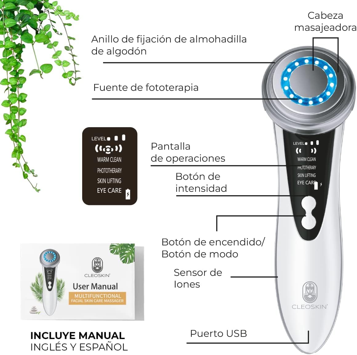 CLEOSKIN Masajeador Facial de Fototerapia Roja y Azul, warm clean, lifting facial y cuidado de ojos. Dispositivo de belleza antiarrugas