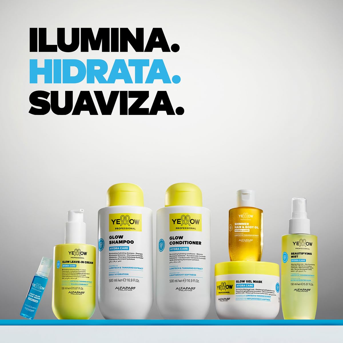 "YELLOW PROFESSIONAL HYDRA CARE GLOW CONDITIONER 500 ml Acondicionador iluminador hidratante para todo tipo de cabello POTENCIADO CON LUMITECH & TAMARIND EXTRACT CONCEBIDO PARA SUAVIDAD LIGERA"