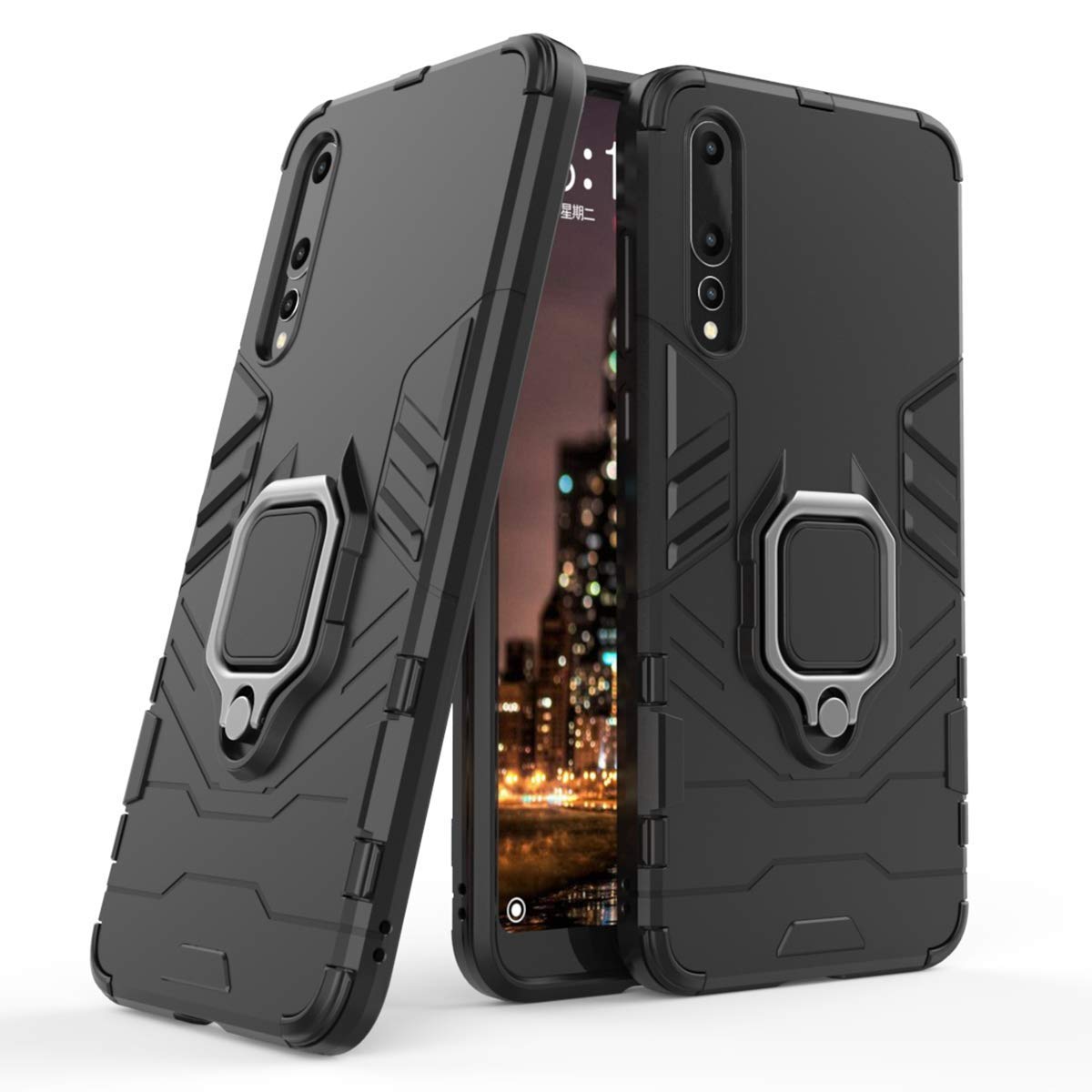 Compatible con Huawei P20 Pro Funda, Anillo Metálico Sujeción Soporte Antichoque Rígido Caja (Funciona con el Montaje de Coche Magnético) Doble Capa Sólido Case Carcasa para Huawei P20 Pro (Negro)