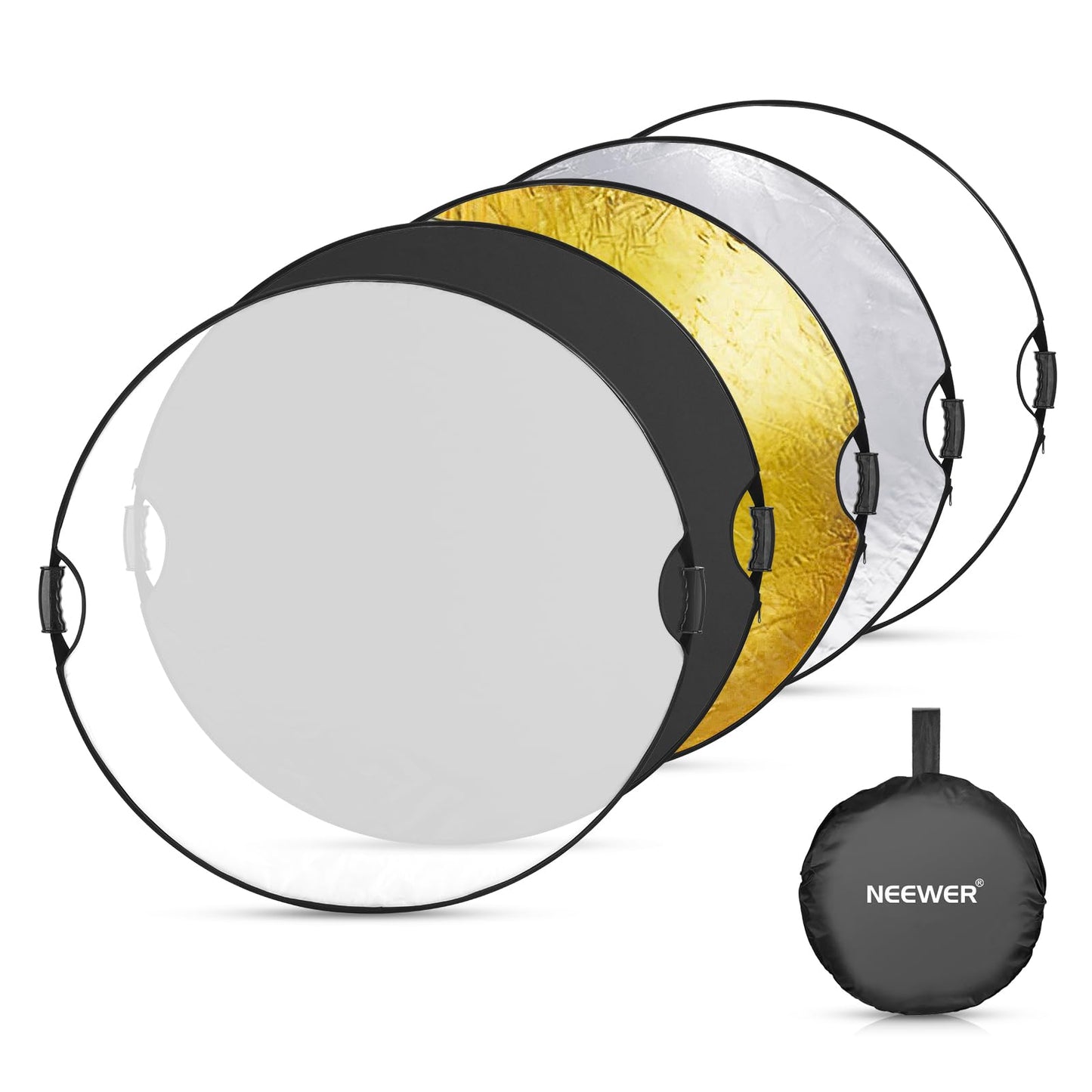 NEEWER 51"/130cm Reflector de Luz con Mango y Rosca de 3/8", Difusor de Luz de Disco Plegable 5 en 1 Translúcido/Plata/Oro/Blanco/Negro para Iluminación de Fotografía, Iluminación Exterior, RF-130II