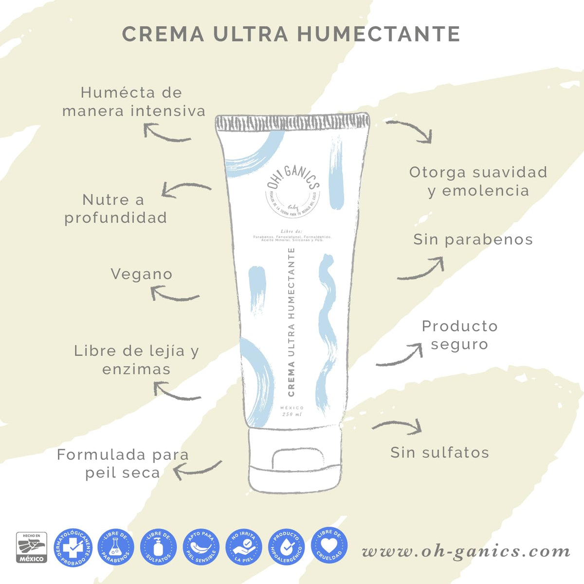 OH! GANICS Crema Ultra Humectante Bebé para Cara y Cuerpo, 250 ml