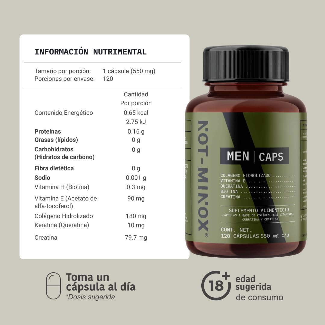 NOT-MINOX Men Caps para Crecimiento de Cabello, Barba y Bigote | Multivitamínico con Colágeno Hidrolizado, Biotina, Queratina y Vitamina E | 120 Cápsulas para 120 Días | Vitaminas para el Cabello