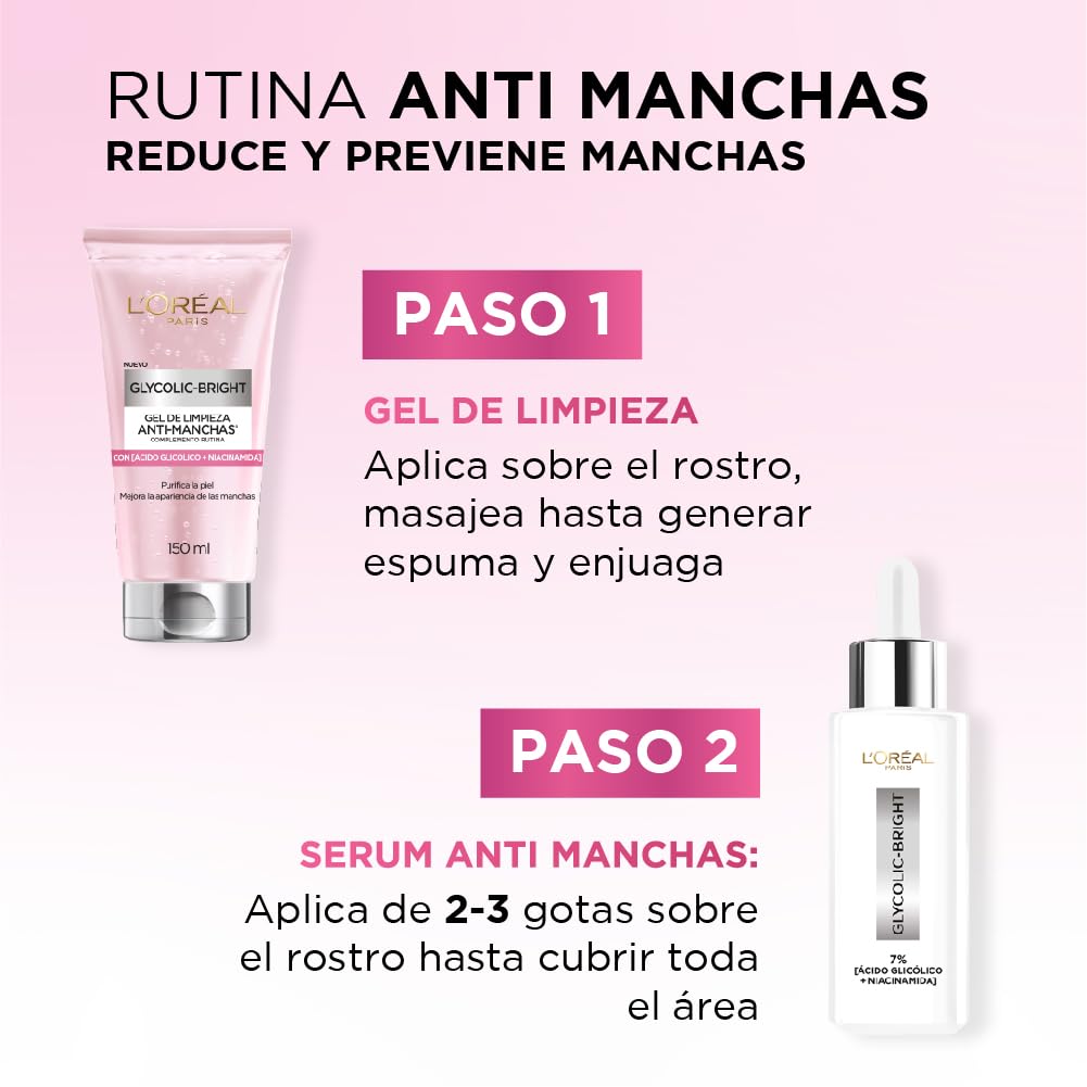 L'Oréal Paris Kit Rutina Completa Glycolic Bright; Gel limpiador, Crema día, Crema Noche y Serum, Anti-Manchas con Ácido Glicólico y Niacinamida
