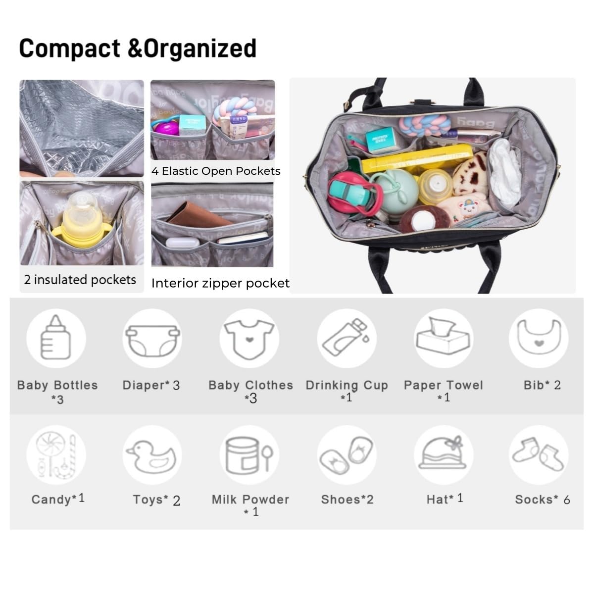 Bhafem - Pequeña bolsa de pañales, bolso de viaje para bebé, convertible en mochila, bolso cruzado, negro