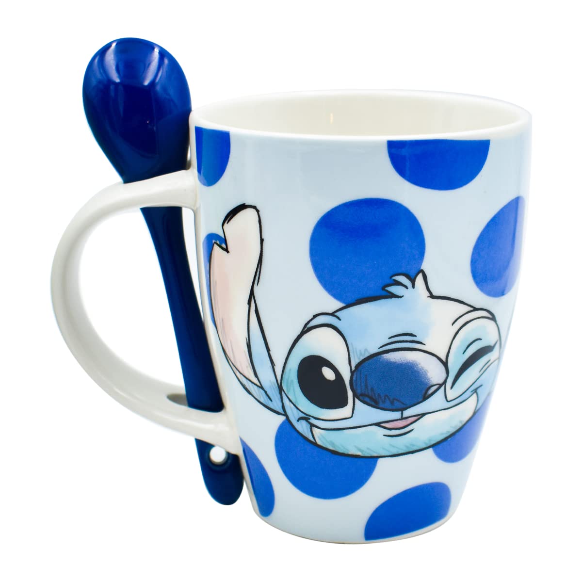 Fun Kids 1738-252 Set de Tazas para Pareja, Taza para Café, Té o Infusiones de Cerámica, Tarro Disney con Diseño Original Stitch y Angel con Cuchara y Caja de Regalo de 410 mililitros, Color Azul y Rosa
