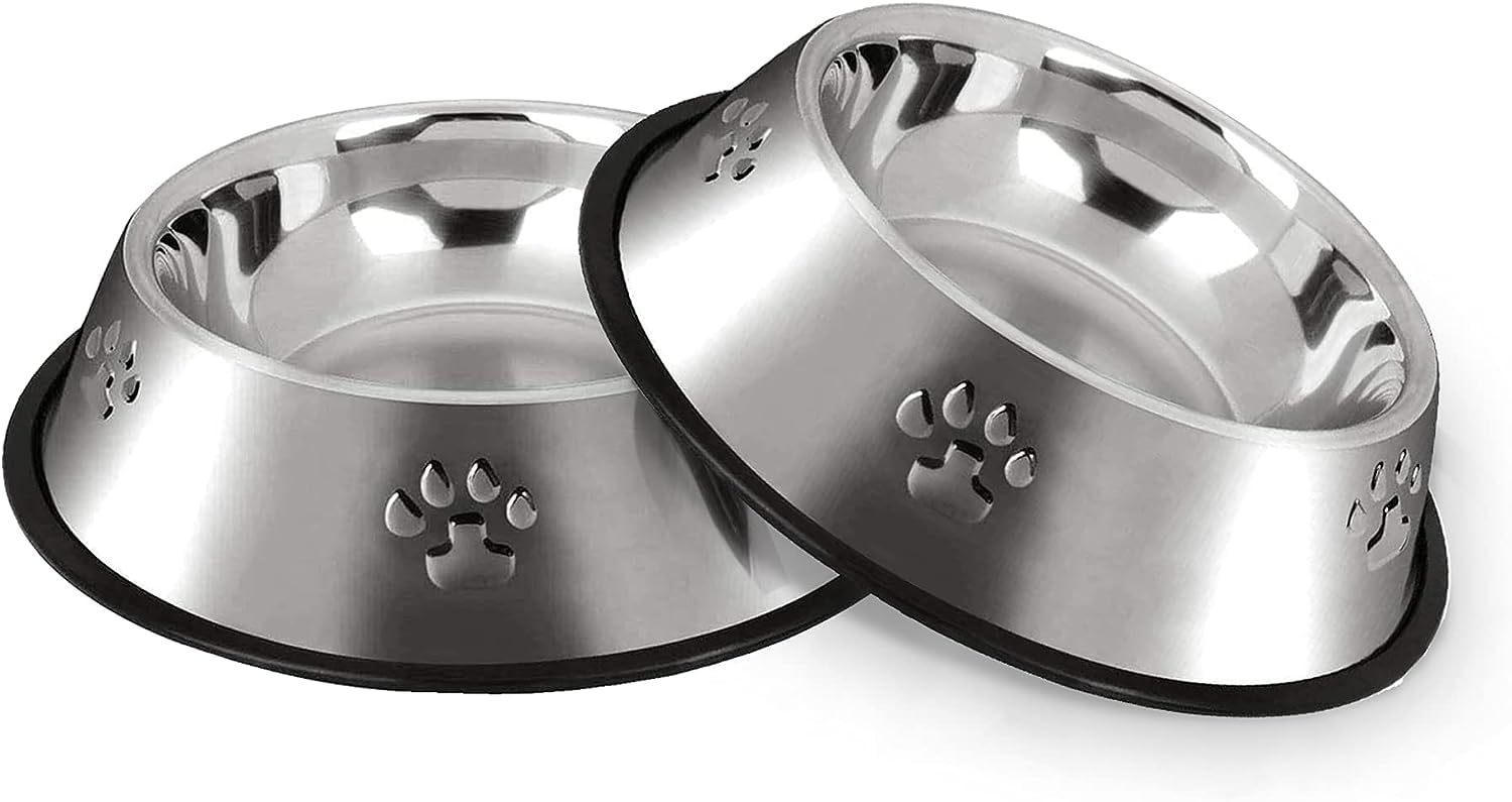 COOLKITALENT Comedero para Perro de Acero Inoxidable, Cuenco De Comida para Mascotas, Comedero y Bebedero Perro Antideslizante, para Perro Grande y Medianas, 2 Unidades, 26cm