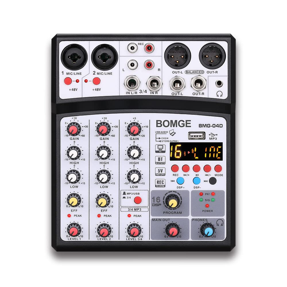BOMGE 04D portátil Bluetooth 4 canales DJ mezclador de sonido de audio con interfaz USB, entrada de alimentación Phantom de 48 V, 16 efectos de eco para grabación, transmisión en vivo, canto (negro)