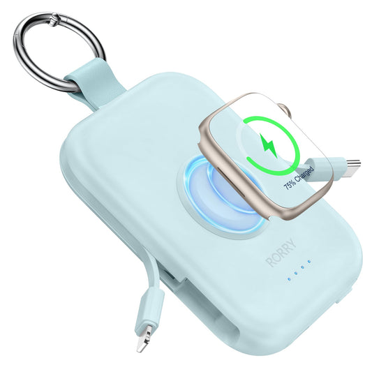 Power Bank RORRY Azul 5000mAh con Cables Integrados para Celular y Apple Watch