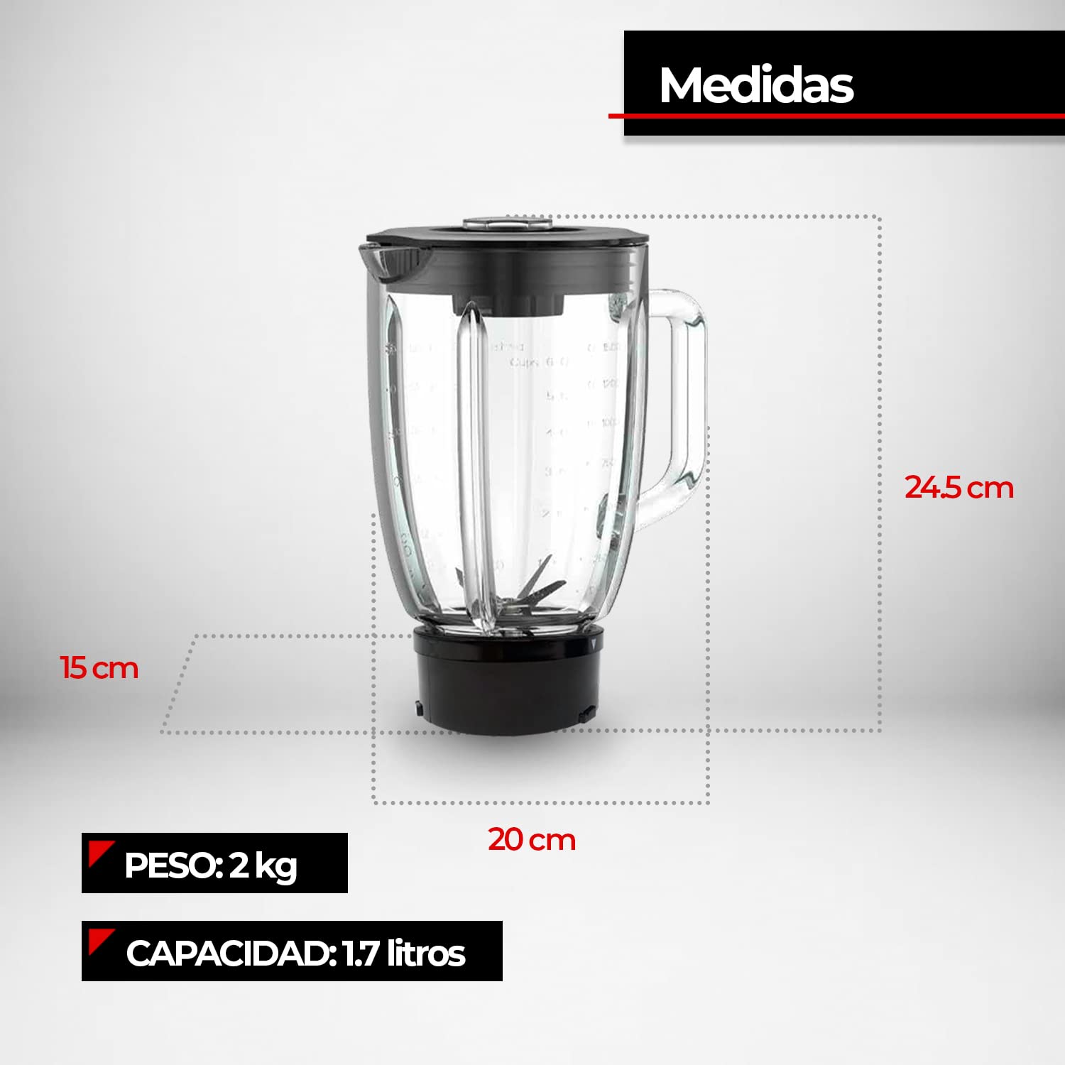 BOGNER Vaso Vidrio templado 1.75 litros C/aspas y tapa compatible con licuadora BSB01A