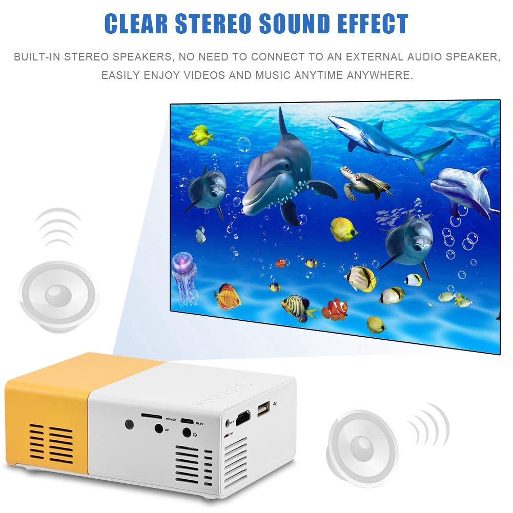 Junluck Mini Proyector Full HD 1080P Vídeo Proyector de Cine en Casa Portátil para Interiores/Exteriores/Fiesta/Camping Compatible con Laptop/PC/Smartphone/HDMI/VGA/USB/AV(Blanco + Amarillo)