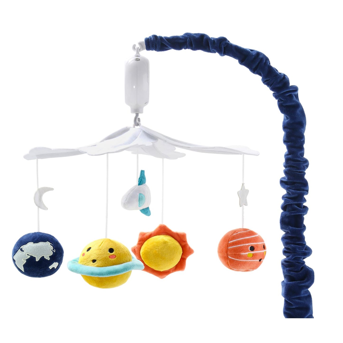 Móvil de Cuna The Peanutshell para Niños o Niñas - Móvil Musical para Cuna de Bebé Blanco y Azul Oscuro con 12 Nanas, Decoración de Habitación de Bebé Espectacular del Espacio con Planetas