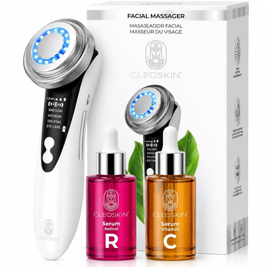 Kit Masajeador Facial CLEOSKIN Rojo Azul con Serum de Vitamina C y Retinol Reafirmante anti Acné y Arrugas