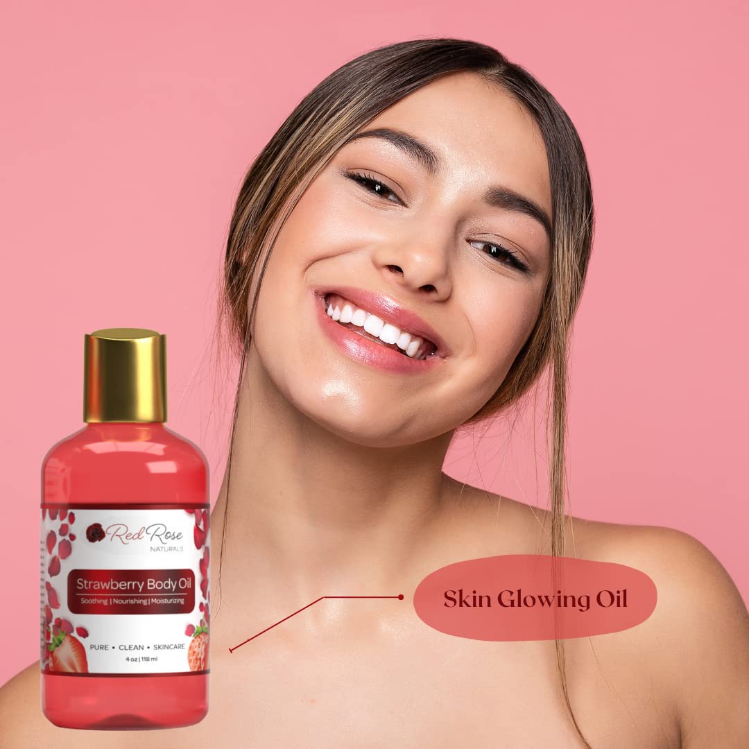Red Rose Naturals- Aceite corporal de fresa, aceite corporal natural para mujeres, perfume para ducha y baño, hidratante y humectante profundo