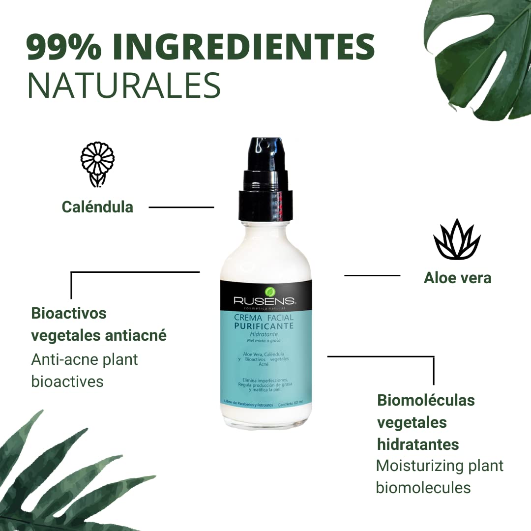 Rusens - Crema Facial Purificante, Matificante (Antiacné) 99% Natural, Ideal para Piel Grasa a Mixta con Tendencia a Acné, - Consistencia Ligera y de Rápida Absorción- Regula Producción de Grasa, Controla Barritos y Espinillas, Hidrata la piel.