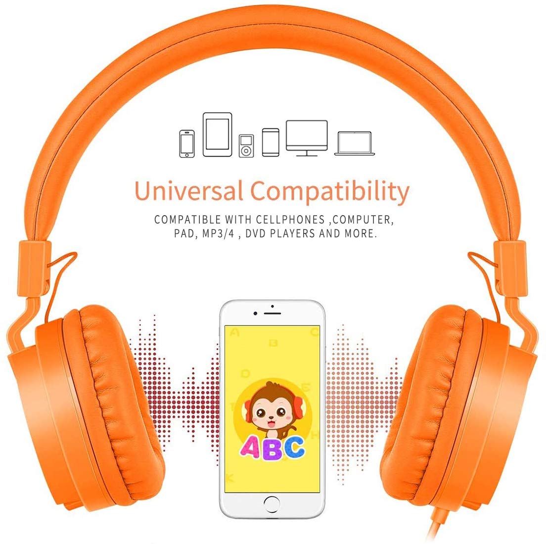 Gorsun lightweight stereo kids headphone Adjustable Headband foldable on ear Headset for Cellphones Iphone Laptop Computer Earphones(Orange)