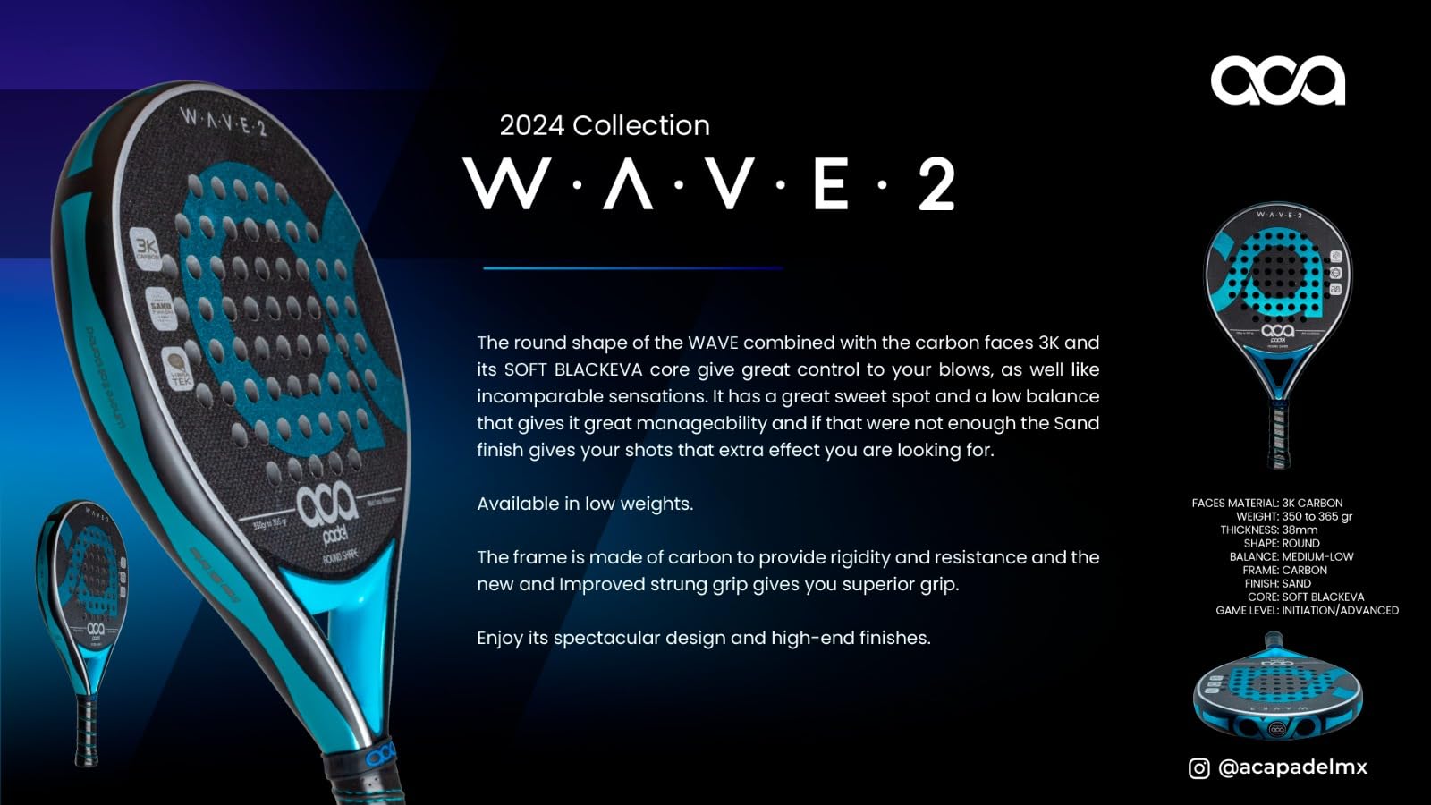 Pala de Padel Aca Carbono 3K Redonda Acabado Arena Goma Soft Blackeva