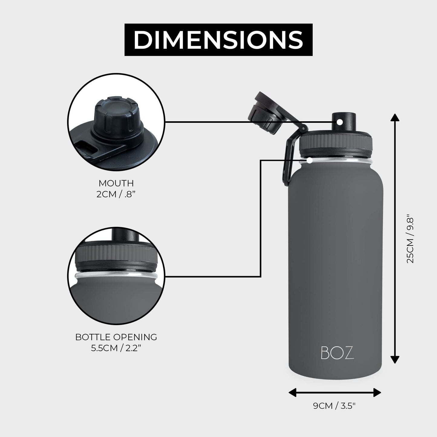 BOZ - Botella de agua de acero inoxidable XL (1 L / 32 onzas) de boca ancha, sin BPA, doble pared aislada al aspiradora (gris)(BOZ_SSXL)