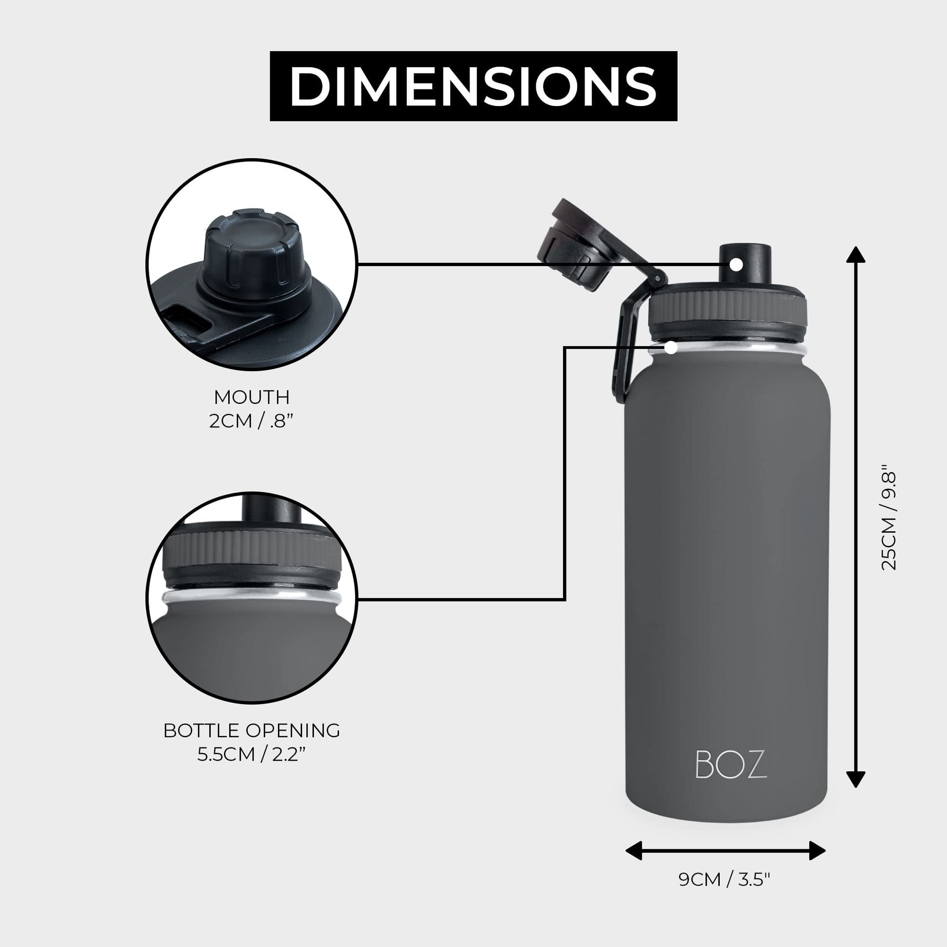 BOZ - Botella de agua de acero inoxidable XL (1 L / 32 onzas) de boca ancha, sin BPA, doble pared aislada al aspiradora (gris)(BOZ_SSXL)