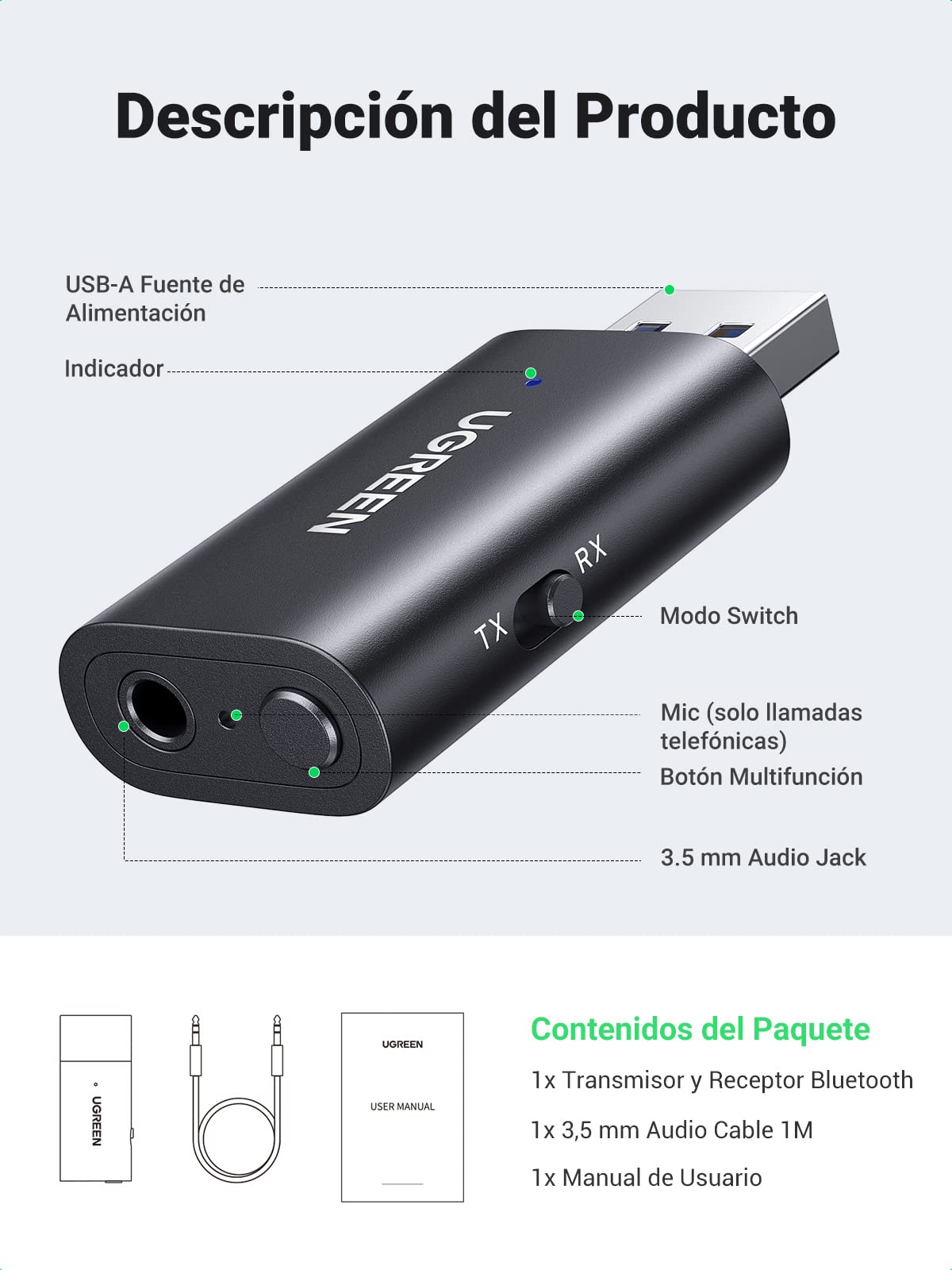 Transceptor Bluetooth 5.1 UGREEN Negro USB A 3.5mm para TV