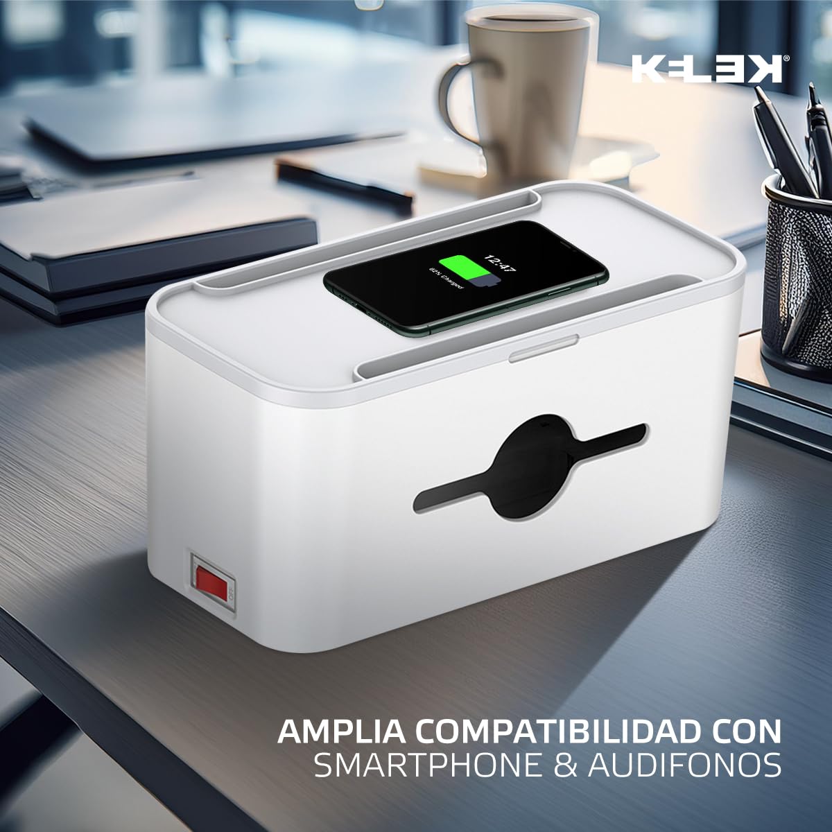 KELEK Multicontacto con 8 AC, USB-C, 2 USB-A, Cable 2m con Caja organizadora de Cables y Cargador Inalámbrico EXT-8-W1
