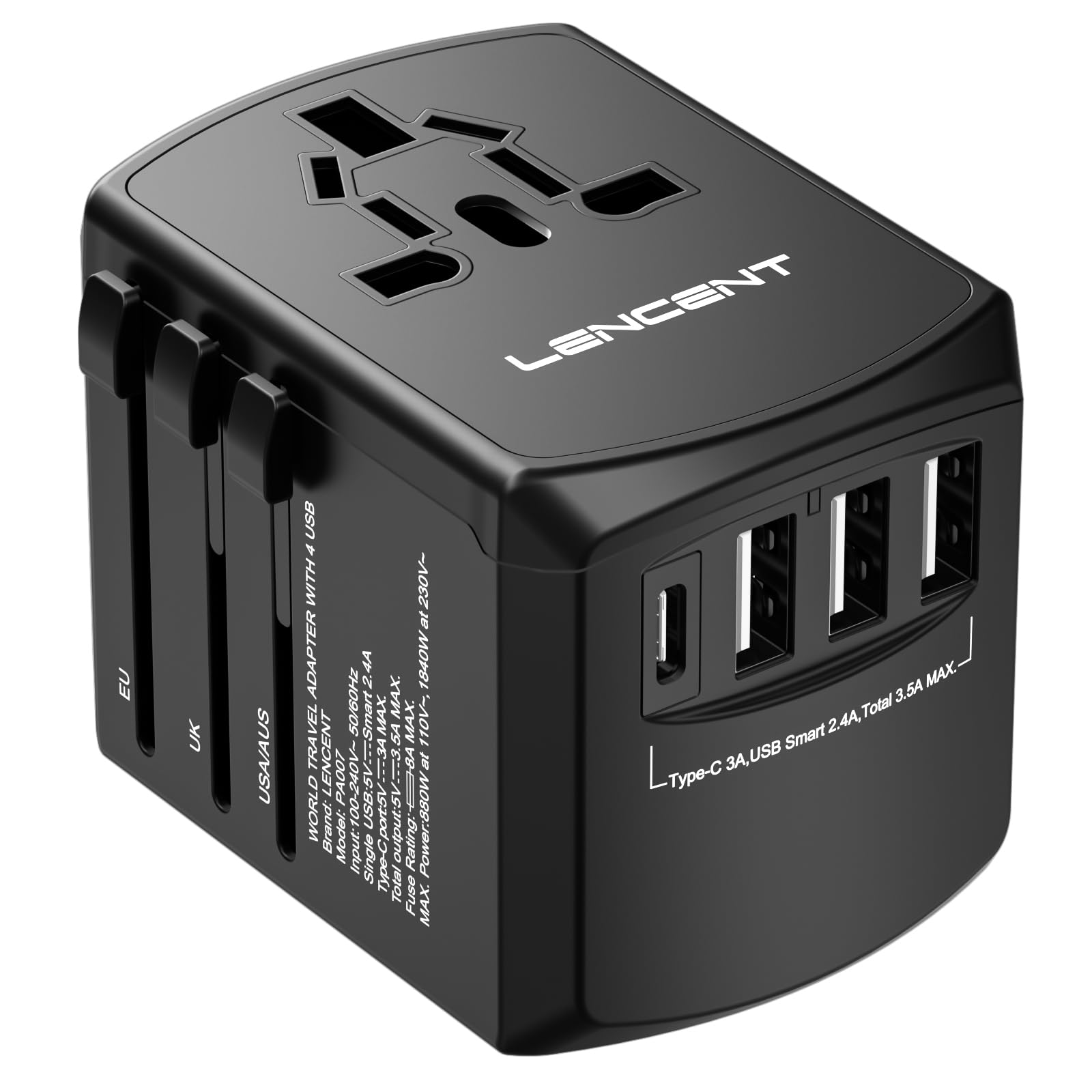 LENCENT Adaptador Universal de Viaje, 17.5W Adaptador de Corriente Europeo con 4 Puertos USB (1 UBS C), Travel Essentials para el Reino Unido, Europa, Americano, Argentina, Australia, Negro