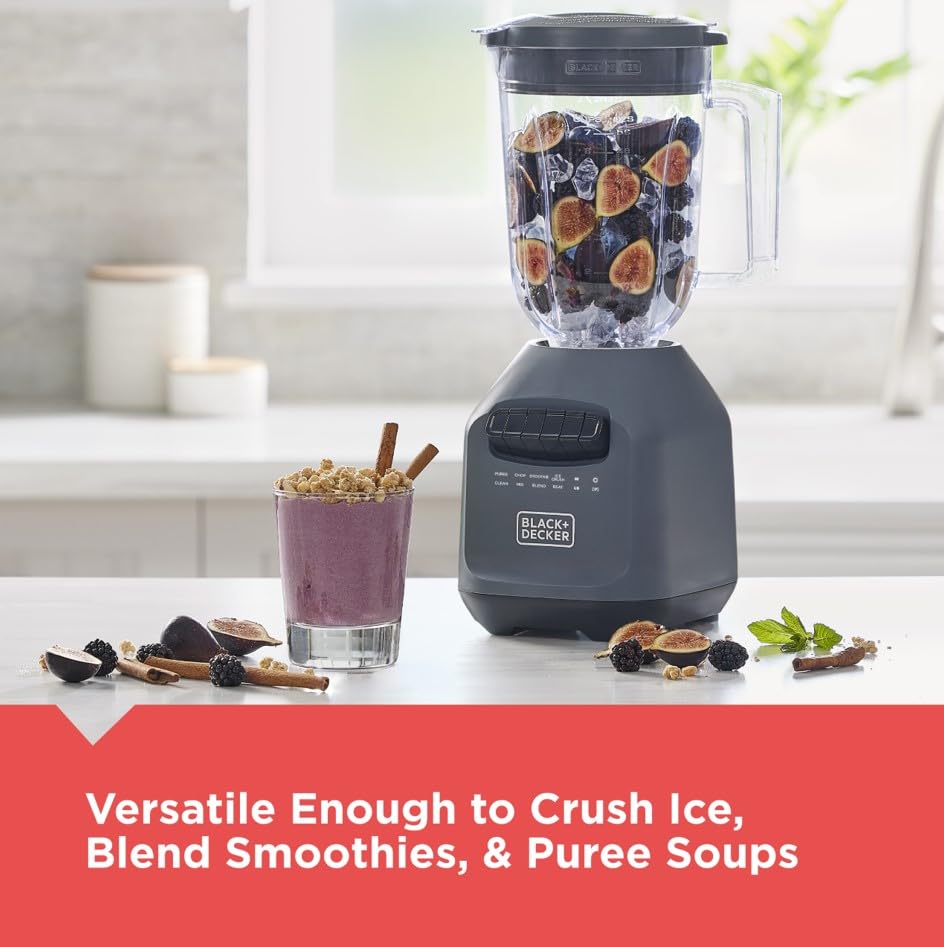 Black & Decker Ice Crush Blender con tarro de plástico PerfectPour de 60 onzas (7 tazas), potente hoja de acero inoxidable de 6 puntas, 8 velocidades más pulso, 750 vatios pico de potencia