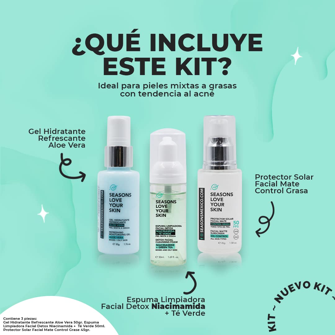 Kit Rutina Facial Skincare Control Grasa Tratamiento Antiacné | Espuma limpiadora Facial + Hidratante Aloe Vera + Bloqueador Niacinamida