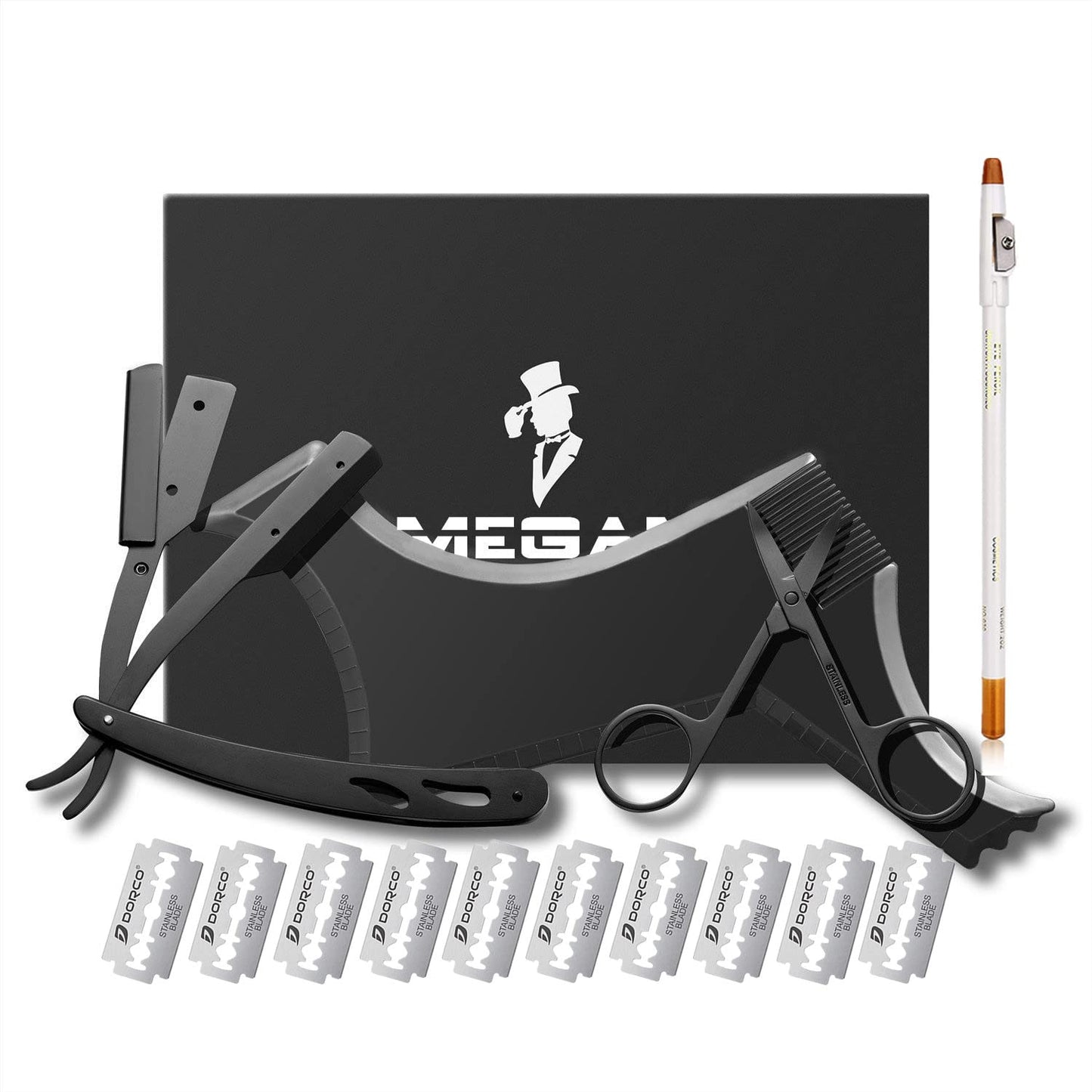 El kit de herramientas para dar forma a la barba Megan para hombres incluye un peine moldeador, una maquinilla de afeitar profesional de filo recto y 10 hojas de doble filo