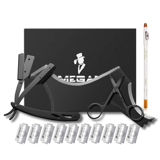 El kit de herramientas para dar forma a la barba Megan para hombres incluye un peine moldeador, una maquinilla de afeitar profesional de filo recto y 10 hojas de doble filo