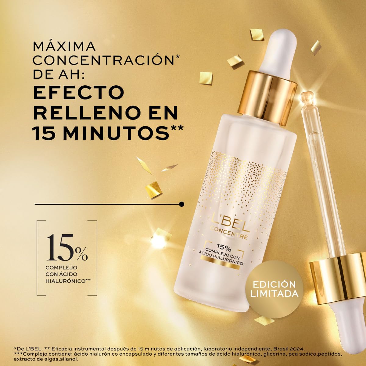 L'BEL - Concentré Sérum Relleno de Arrugas 15% Ácido Hialurónico Edición Limitada, Reduce Arrugas y Efecto Relleno, Piel Más Lisa e Hidratada, Uso de Día y de Noche