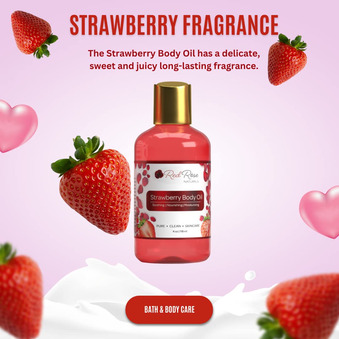 Red Rose Naturals- Aceite corporal de fresa, aceite corporal natural para mujeres, perfume para ducha y baño, hidratante y humectante profundo