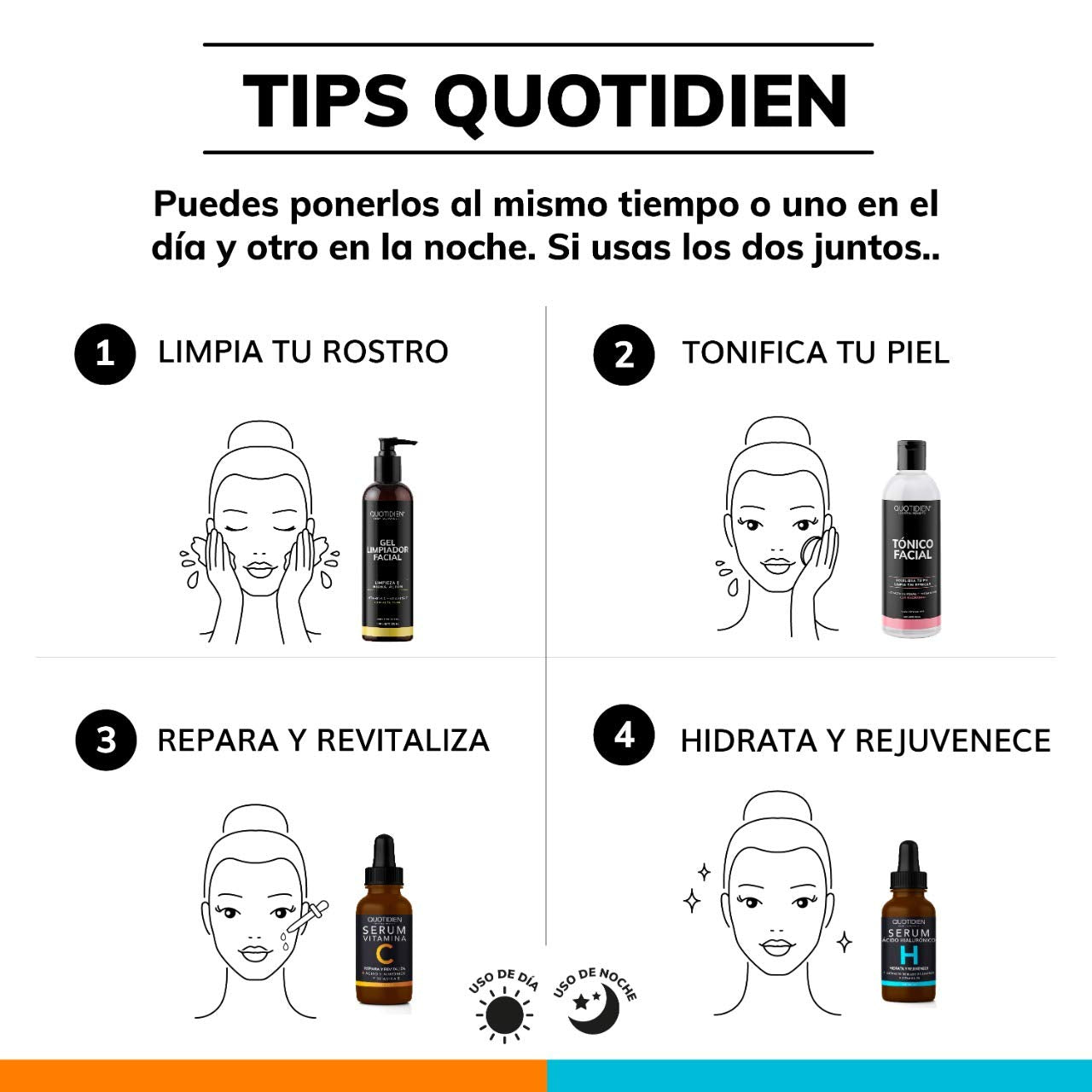 Kit Facial Quotidien: 1 Serum Vitamina C 30ml + 1 Serum Ácido Hialurónico 30ml - Ingredientes Naturales - Hidratación Profunda + Vitalidad en tu Rostro - Mejora la Textura- Firmeza y Tonificación- Disminución de arrugas y lineas de expresión.