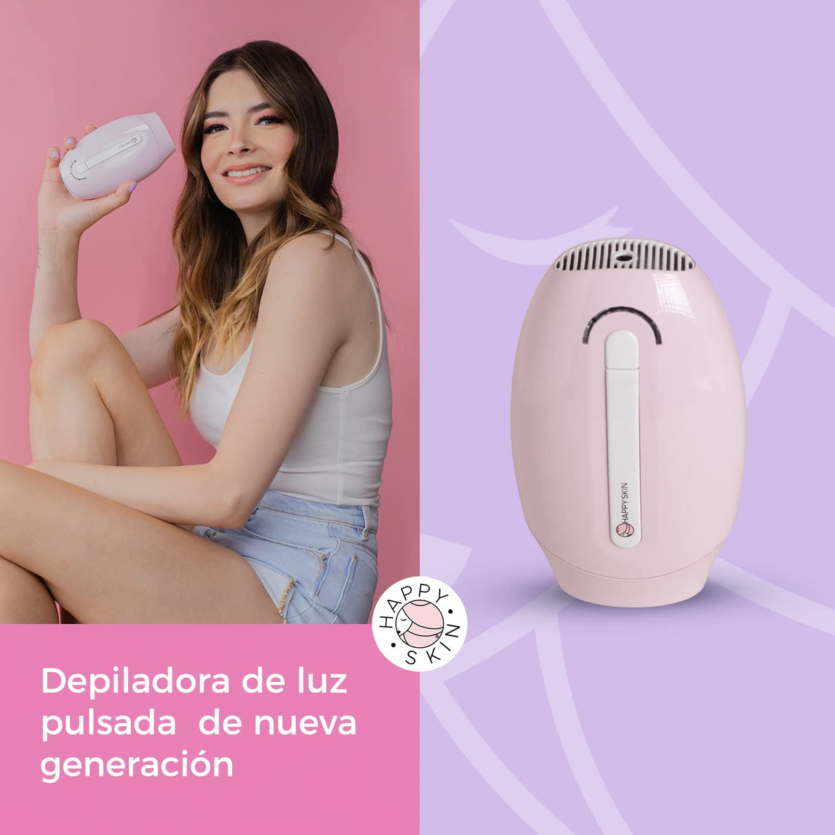 Happy Skin Depiladora de Luz Pulsada - 500,000 Flashes - Nueva Generación – Color Rosa - Depilación Ipl Fácil y Duradera sin Salir de Casa, Indolora y con Resultados Efectivos.