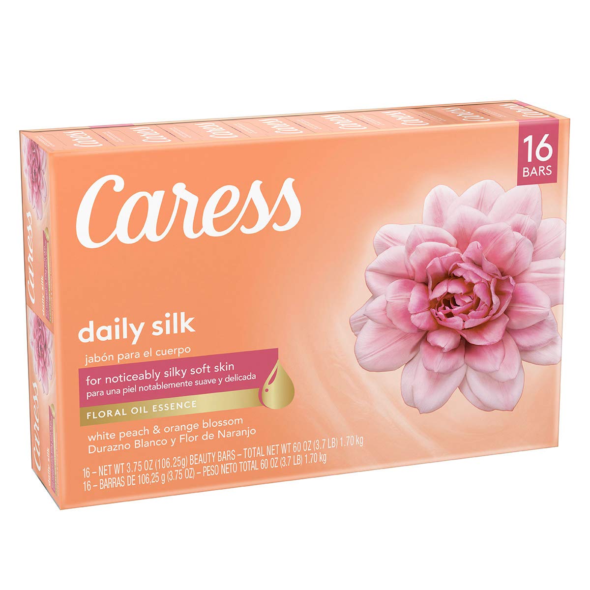 Caress - Caress Daily Silk, Jabón Corporal en Barra con Durazno y Flor de Naranjo. Caja con 16 barras.