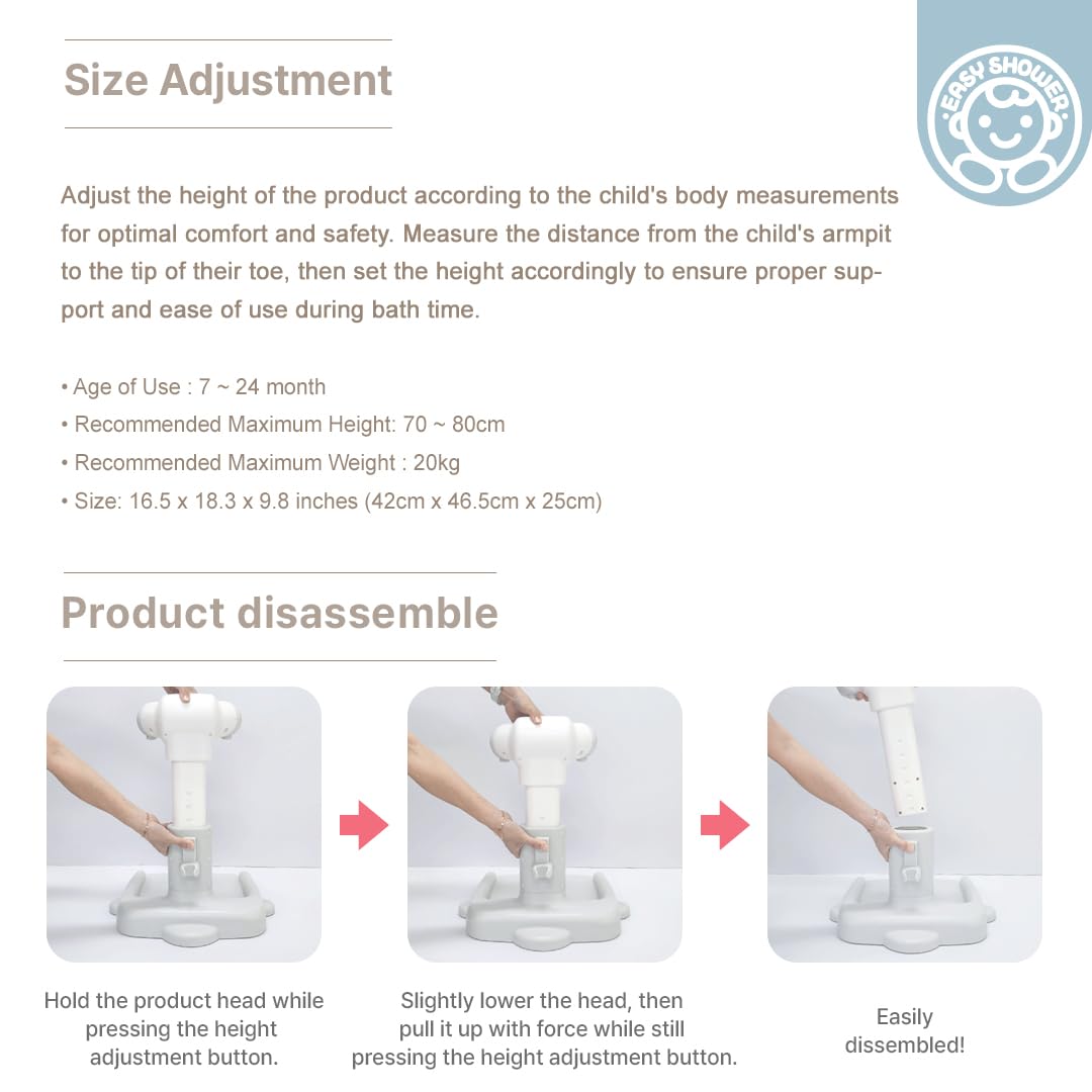 Easy Shower - Soporte ajustable para baby shower, soporte de ducha de pie para bebé, soporte de ducha de pie fácil de usar, soporte de pie para baby shower, soporte de pie para bebés de 7 a 24 meses
