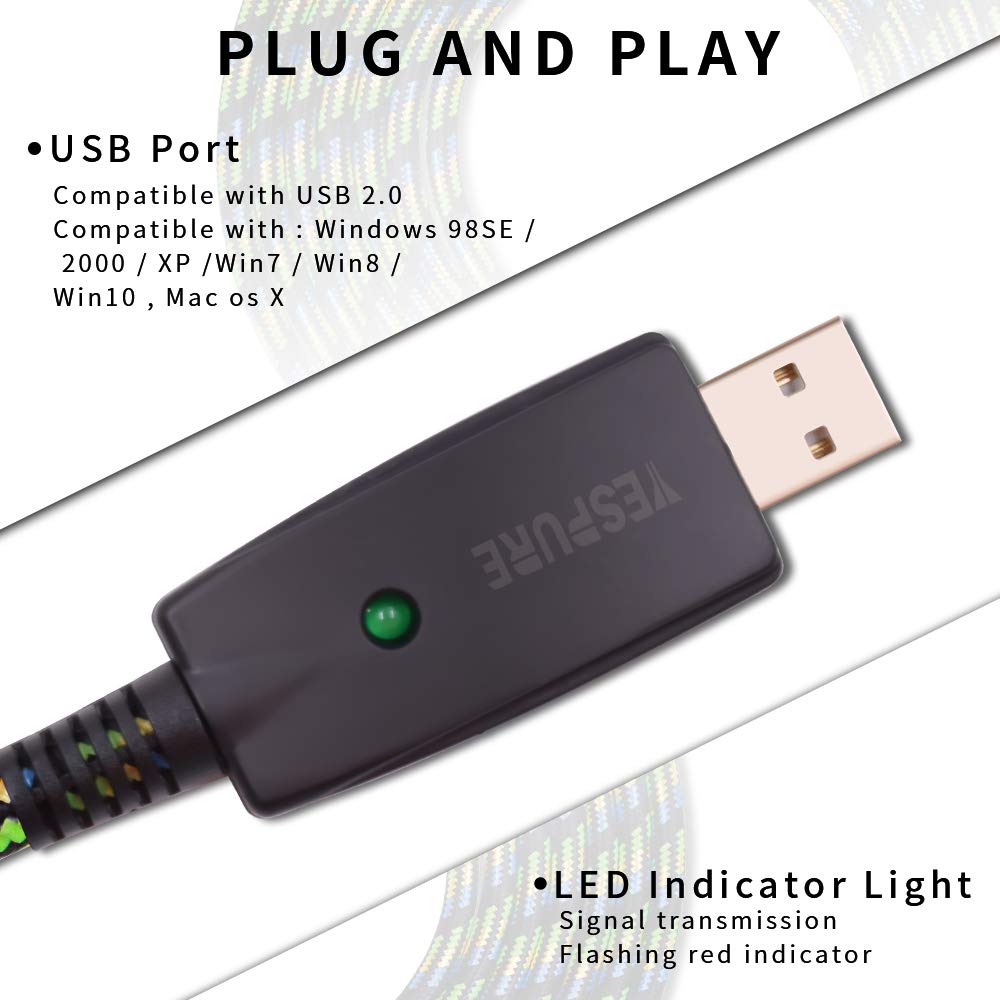 Cable USB YESPURE Negro 10 Pies para Guitarra Compatible con Windows y Mac OS