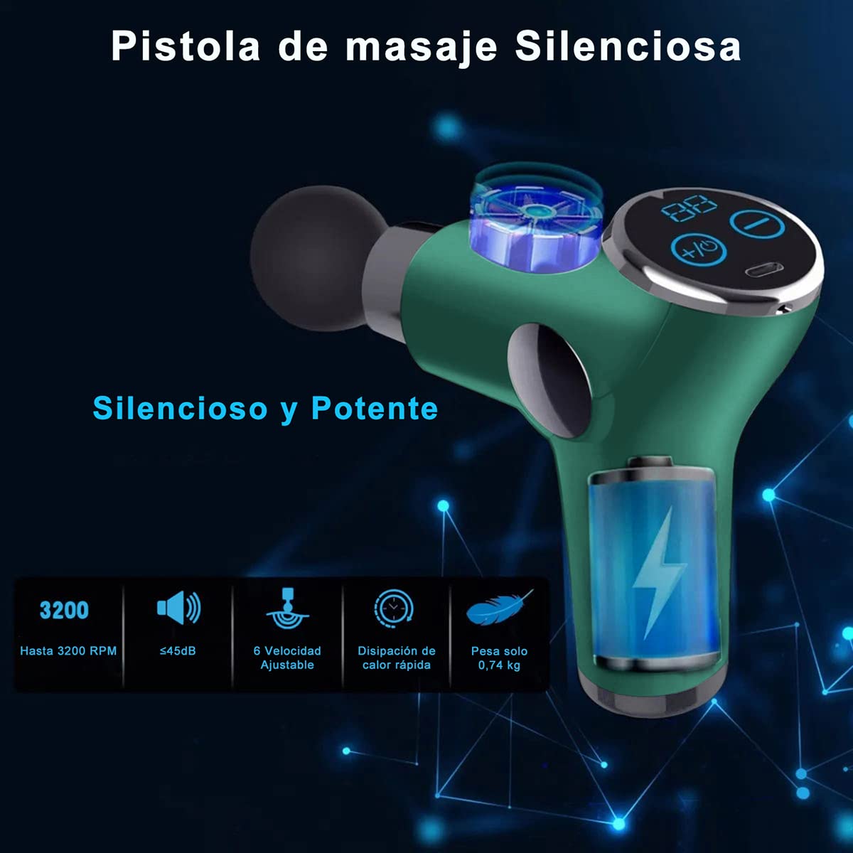 Pistola Masaje Muscular, Pistola de masaje silencioso con 8 cabezales de masaje y 32 niveles ajustables, Pistola Masajeadora de tejido profundo portátil con pantalla LCD para aliviar el dolor muscular