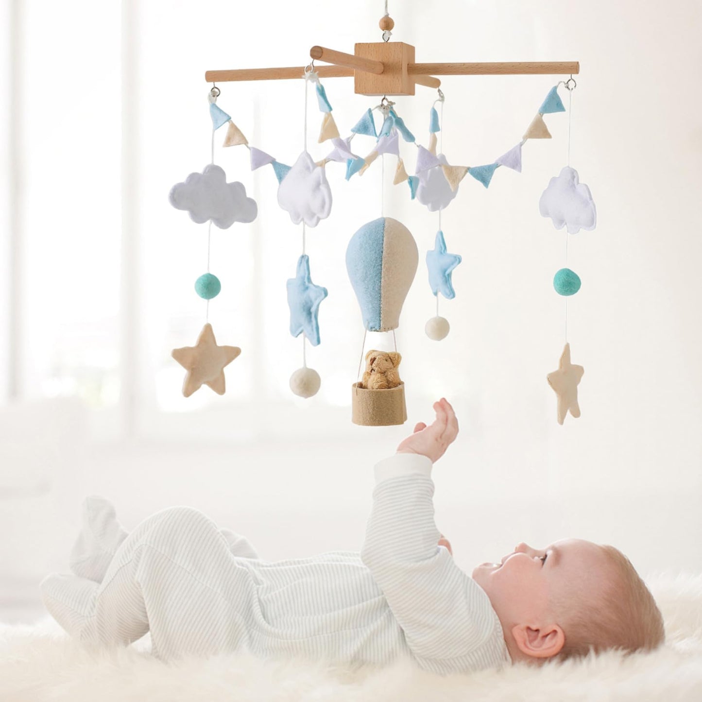 Móvil de bebé para cuna, móvil para cuna de bebé para niños y niñas, móvil de bebé, móvil boho para guardería, decoración de guardería, banderas de globo de aire caliente, bandera de nube de estrella