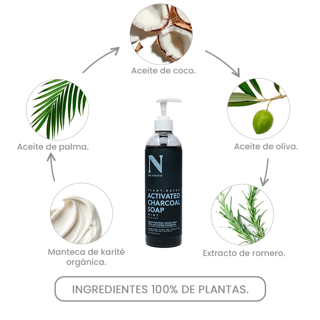 Dr. Natural Jabón Liquido Facial y para Cuerpo con Carbón Activado | Exfoliante Corporal y Facial | Natural, Vegano y Orgánico | Hecho de Plantas Con Aceite de Oliva y Coco, Manteca de Karité y Romero (473 ml, Menta)