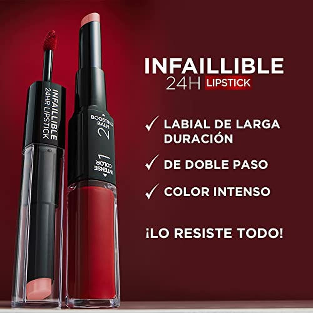 L'Oréal Paris, Infallible 24hr Lipstick, labial de larga duración de dos pasos: líquido y balsamo, Tono 501 Timeless Red