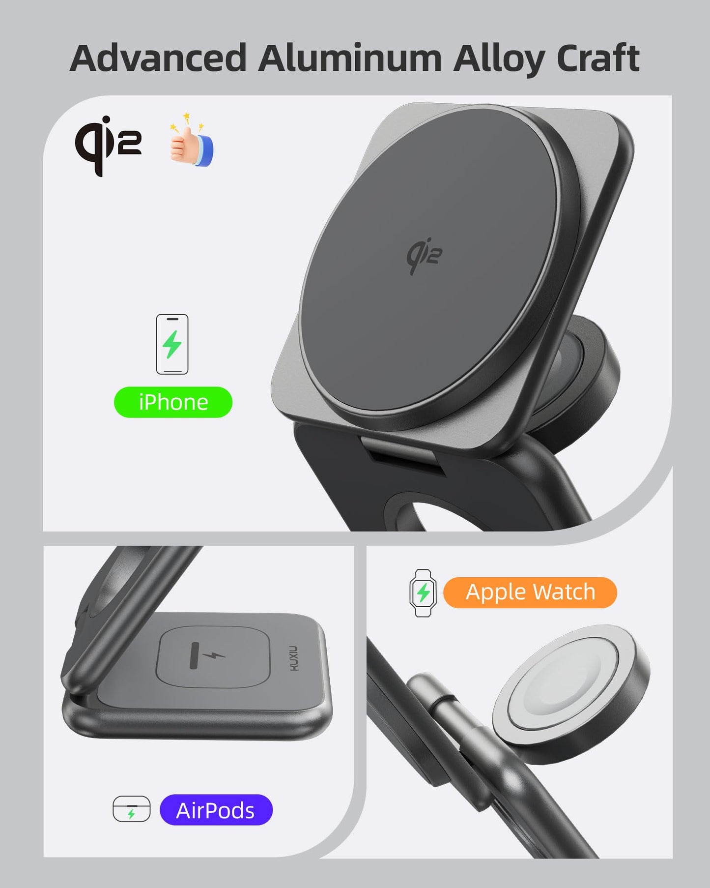 Estación de Carga 3 en 1 KU XIU X40Q Plata con Soporte Magnético Inalámbrico para iPhone y Apple Watch